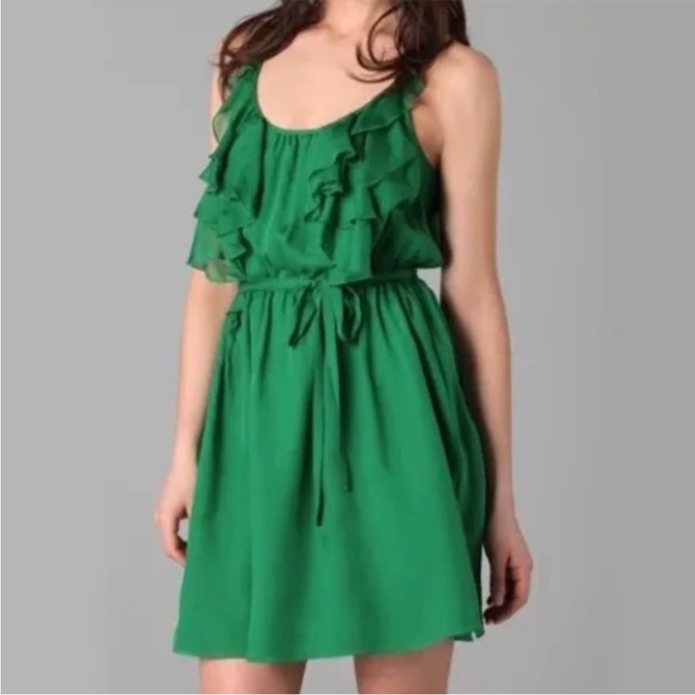 Rebecca Taylor Green 100% Silk Ruffle Mini Dress, 0, designer feminine Fairycore